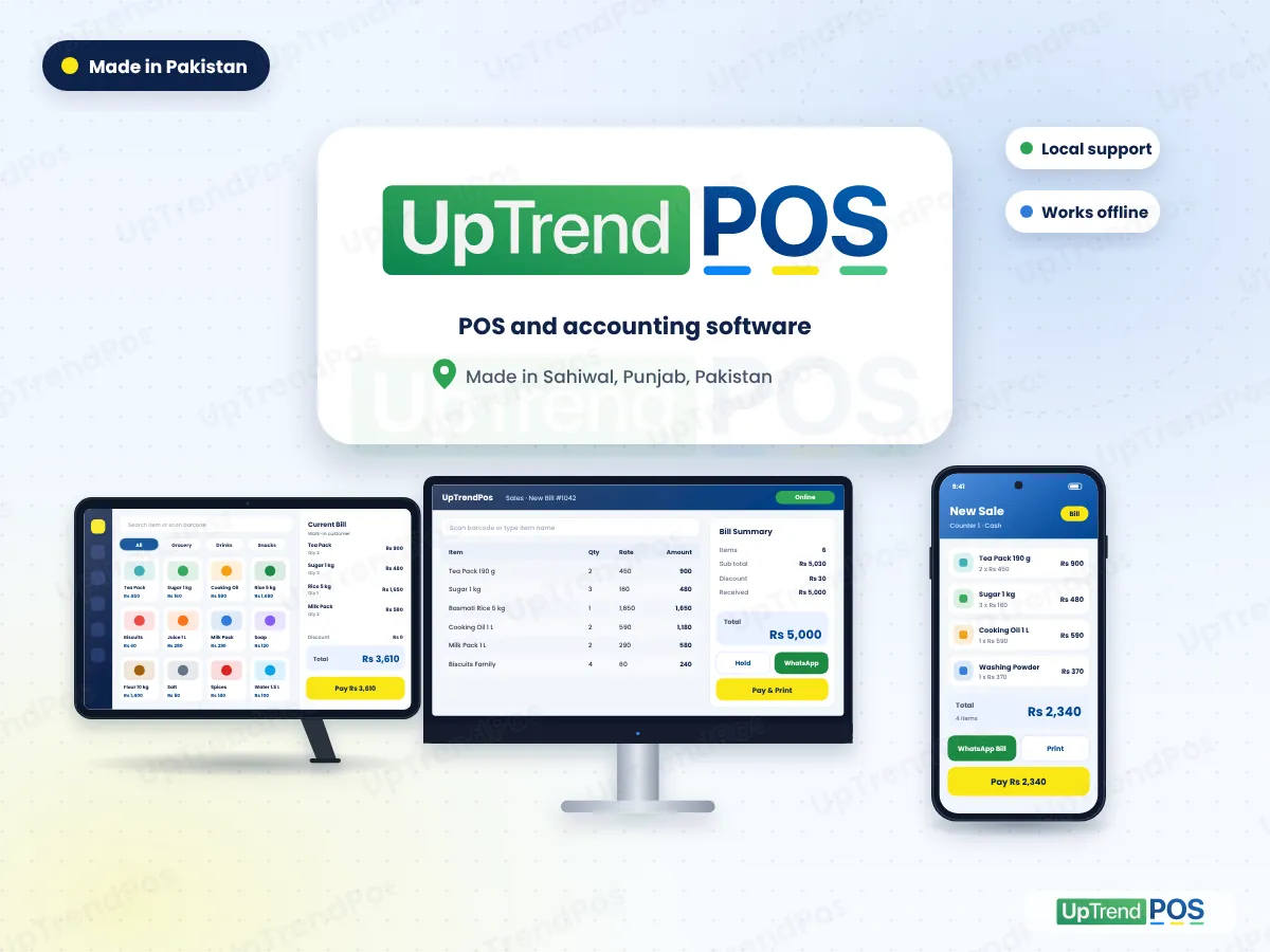 About UpTrendPos: POS and accounting software made in Sahiwal, Pakistan, on a tablet, computer and phone