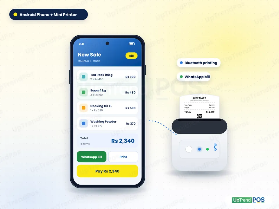 UpTrendPos on an Android phone with a small Bluetooth receipt printer