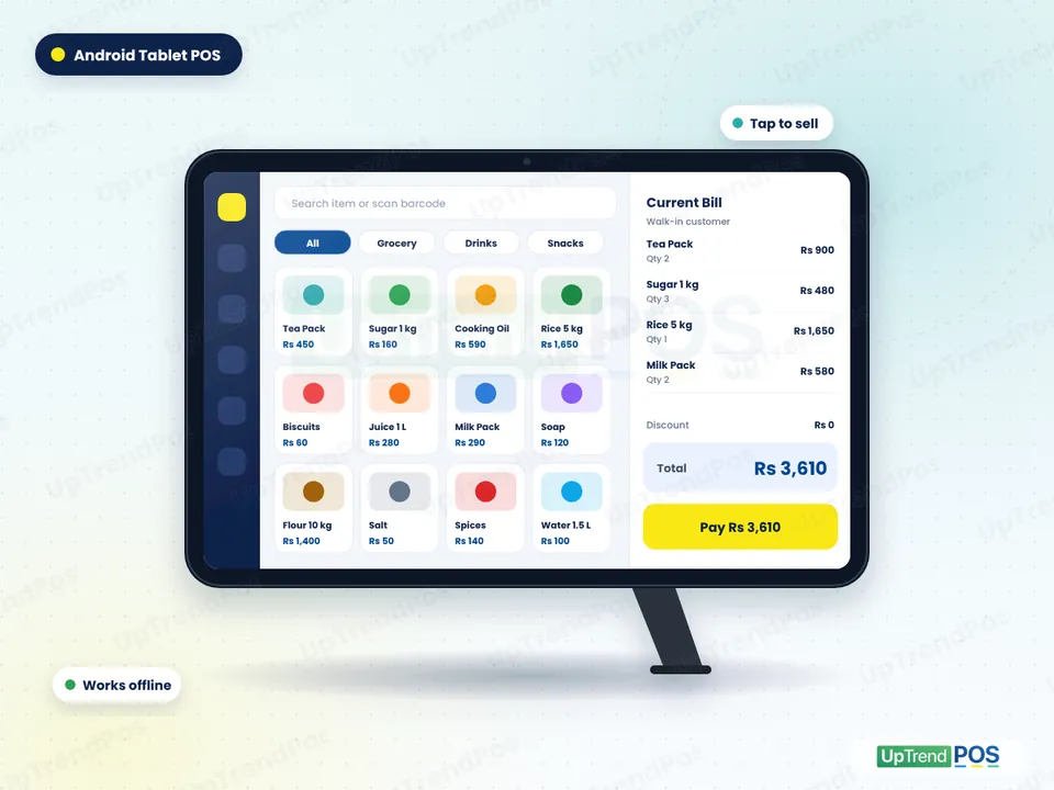 UpTrendPos sale screen on an Android tablet with product buttons and bill total
