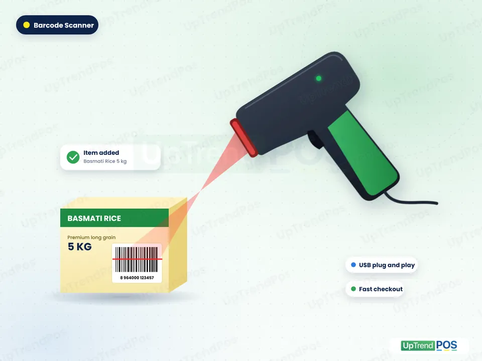 Barcode scanner adding a rice bag to an UpTrendPos bill