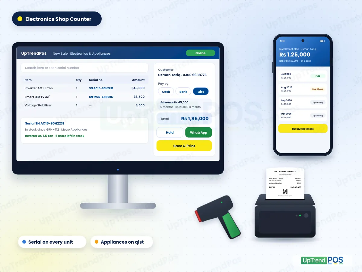 Electronics store POS software at the counter: inverter AC and LED TV with serial numbers, qist plan, receipt printer, scanner and installment plan on phone