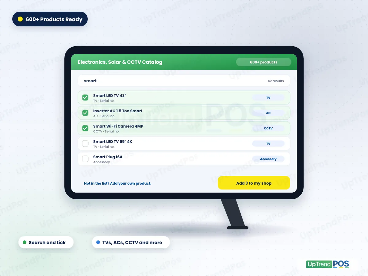 Electronics shop software catalog with 600+ products: search smart and tick LED TVs, inverter ACs and Wi-Fi cameras to add them to the shop