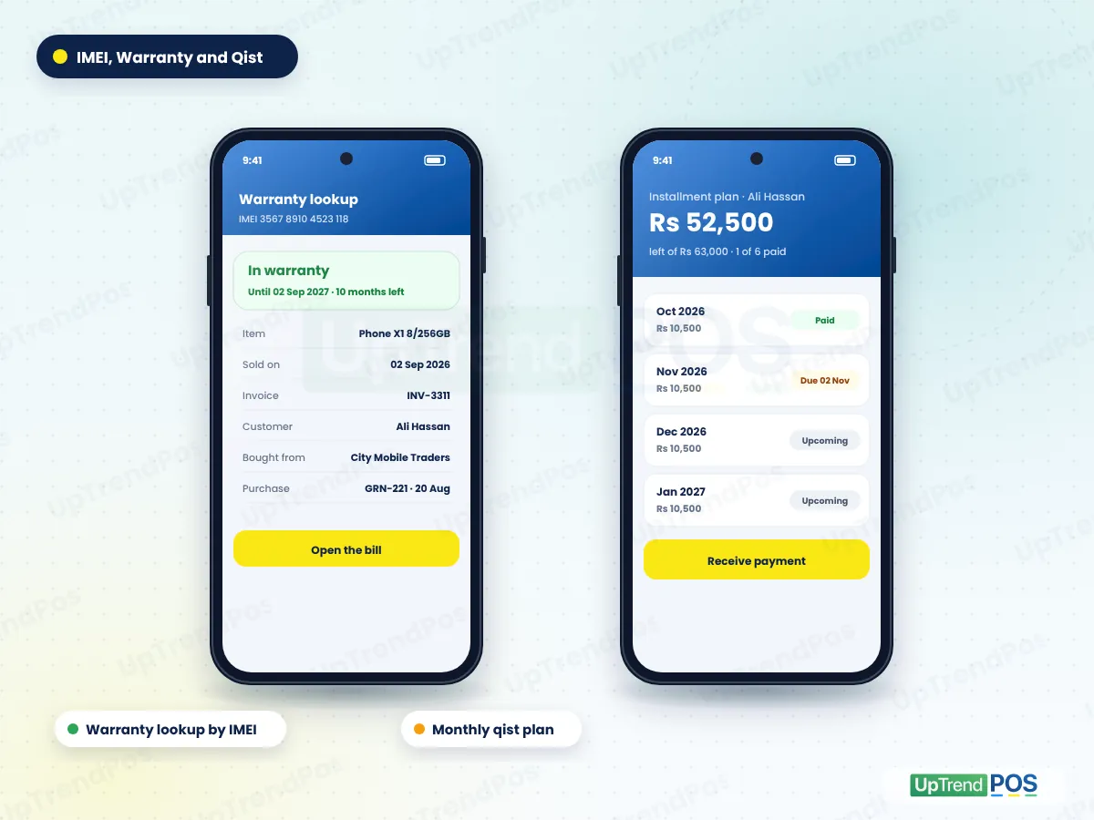 Warranty lookup by IMEI showing sale date, invoice and supplier, and a 6-month qist plan with paid and due months in mobile shop POS software