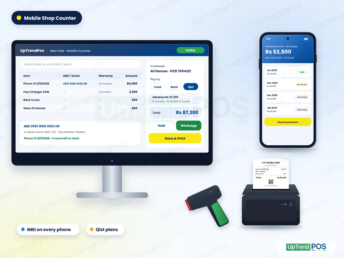 Mobile shop POS software at the counter: phone sale with IMEI, accessories, qist payment, receipt printer, scanner and installment plan on phone