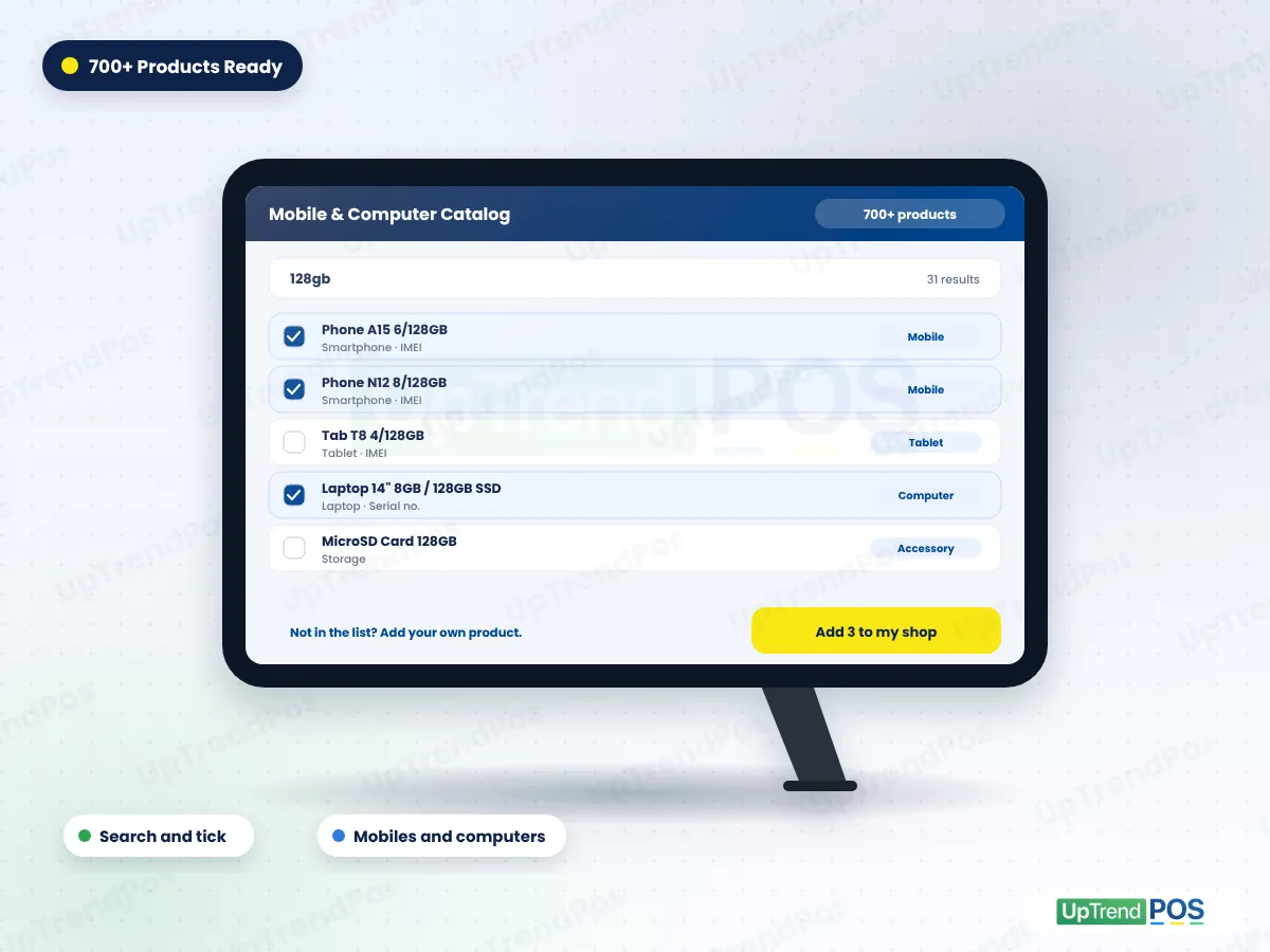 Mobile shop software catalog of 700+ mobile and computer products: search 128GB, tick phones, tablets and laptops and add them to your shop