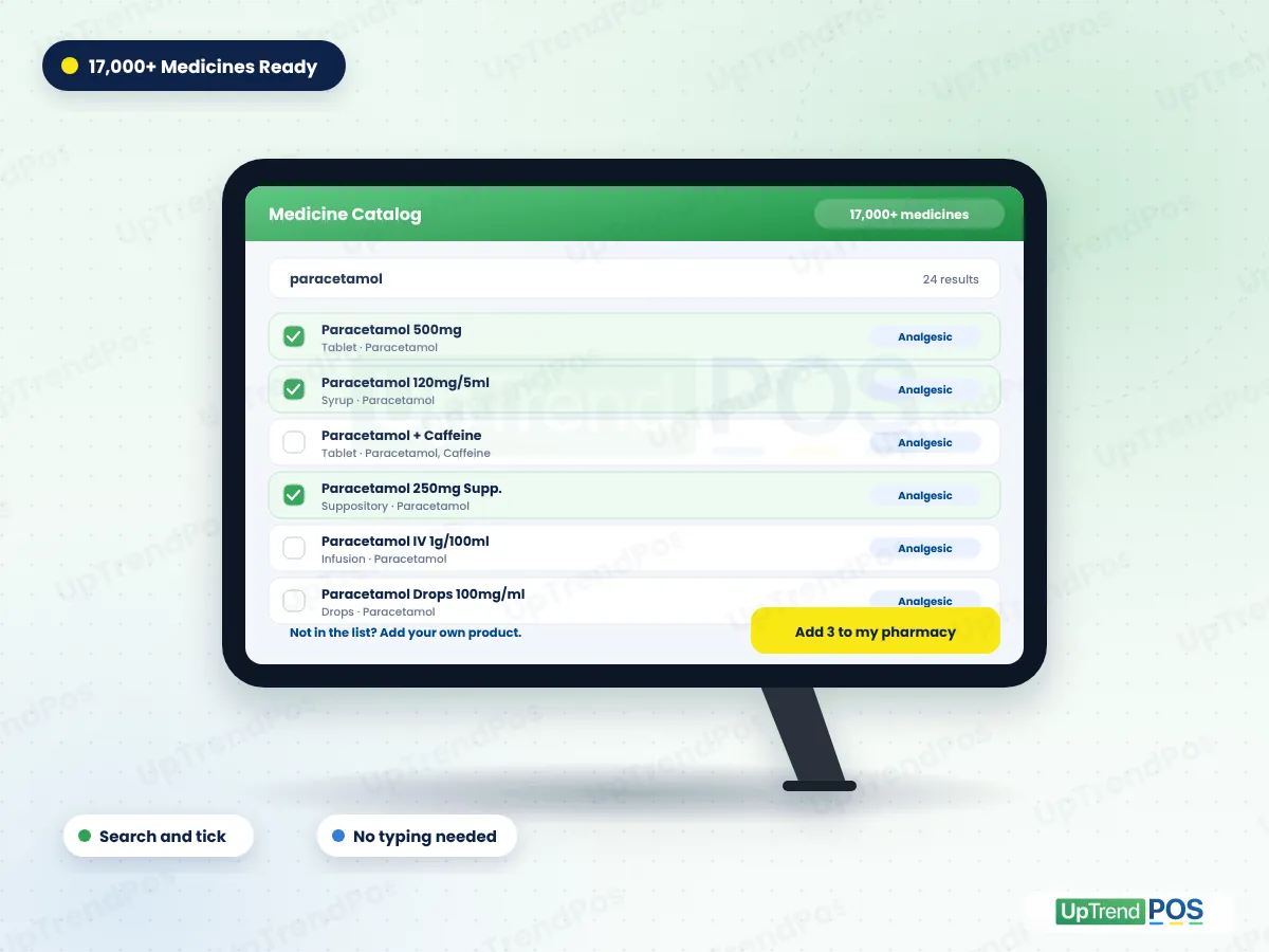 Medical store software medicine catalog: search paracetamol, tick the medicines you sell and add them to your pharmacy