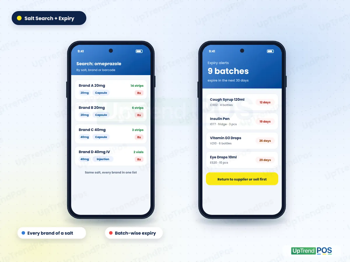 Search medicines by salt to see every brand with strength and Rx badge, and batch-wise expiry alerts on phone
