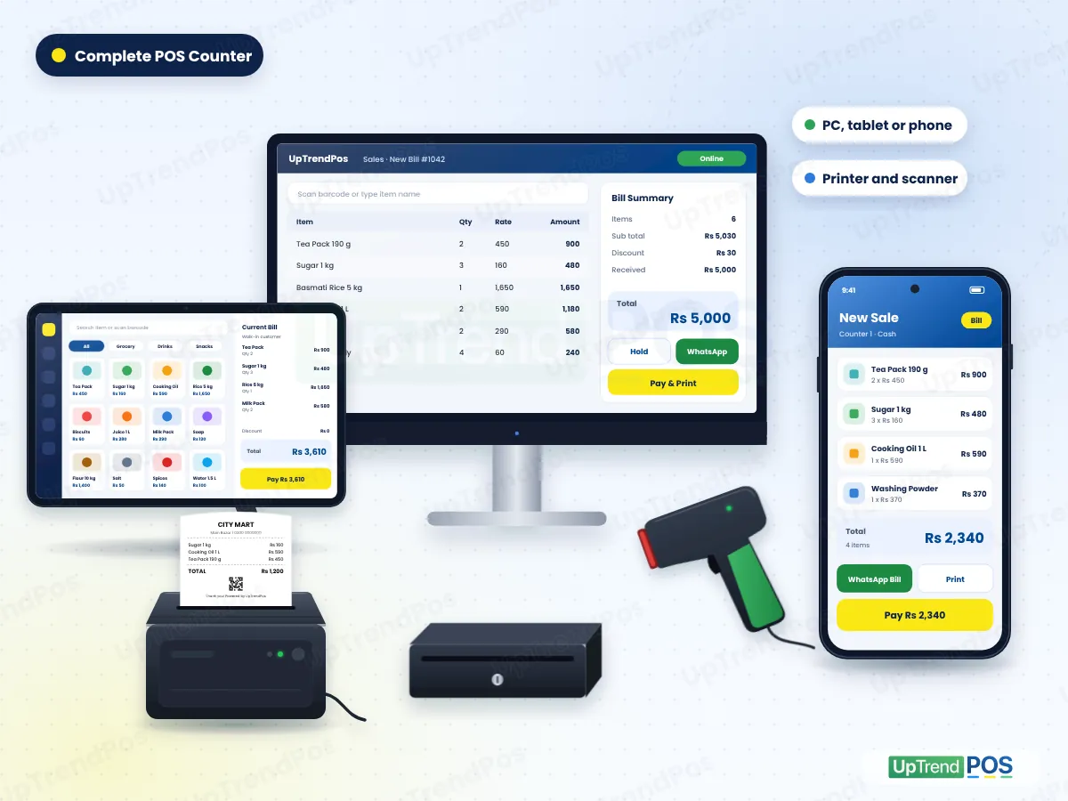 POS software pricing in Pakistan: UpTrendPos on a Windows PC, Android tablet, phone, thermal printer and barcode scanner