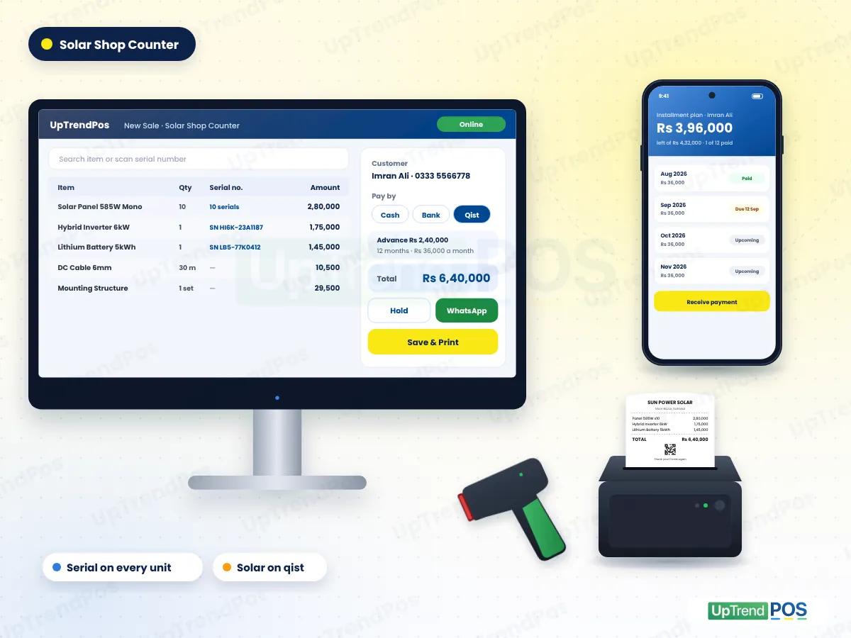Solar shop POS software at the counter: solar panels, hybrid inverter and lithium battery with serial numbers, qist plan, receipt printer and scanner