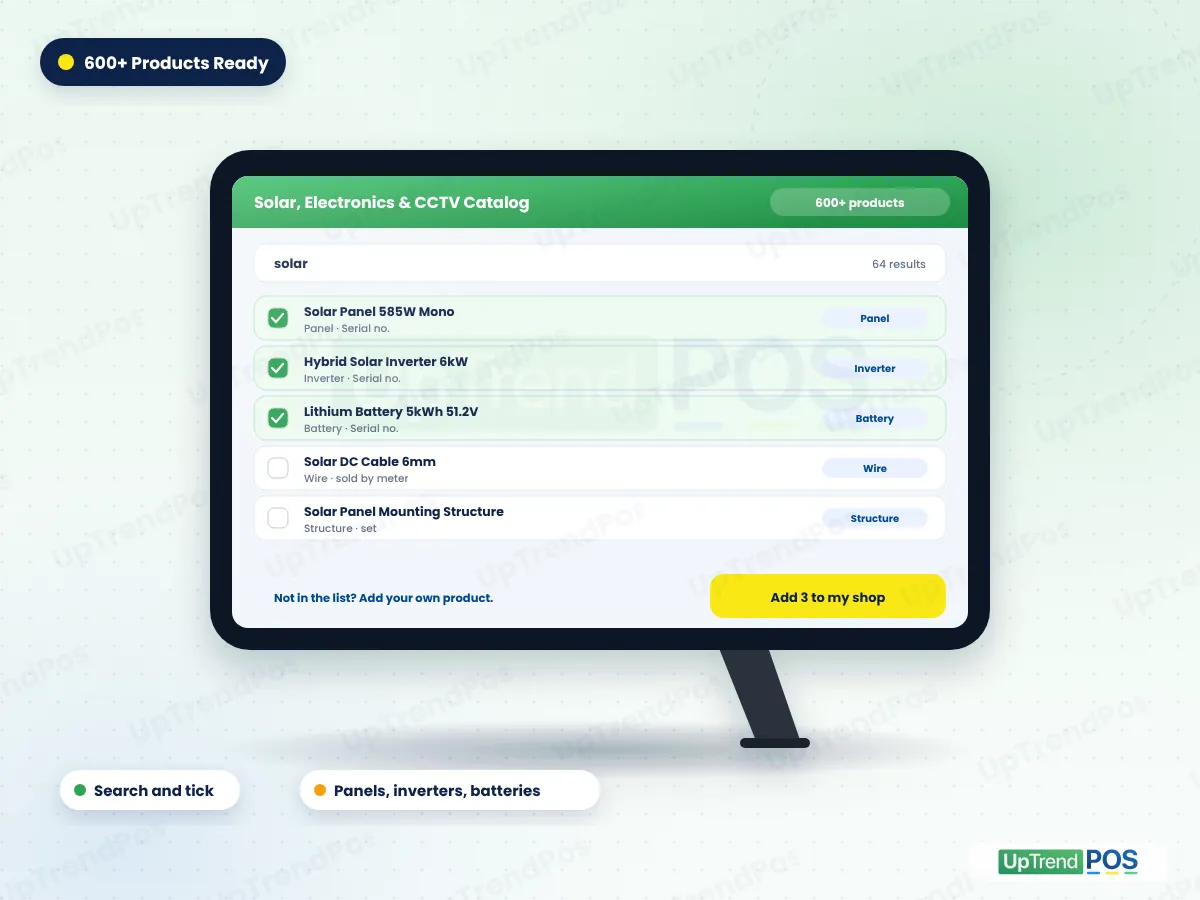 Solar shop software product catalog with 600+ products: search solar and tick panels, inverters, batteries, wire and structures to add them to the shop