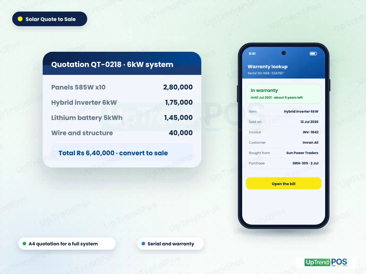 Solar shop software A4 quotation for a 6kW solar system with panels, inverter, battery and wire, and warranty lookup by inverter serial