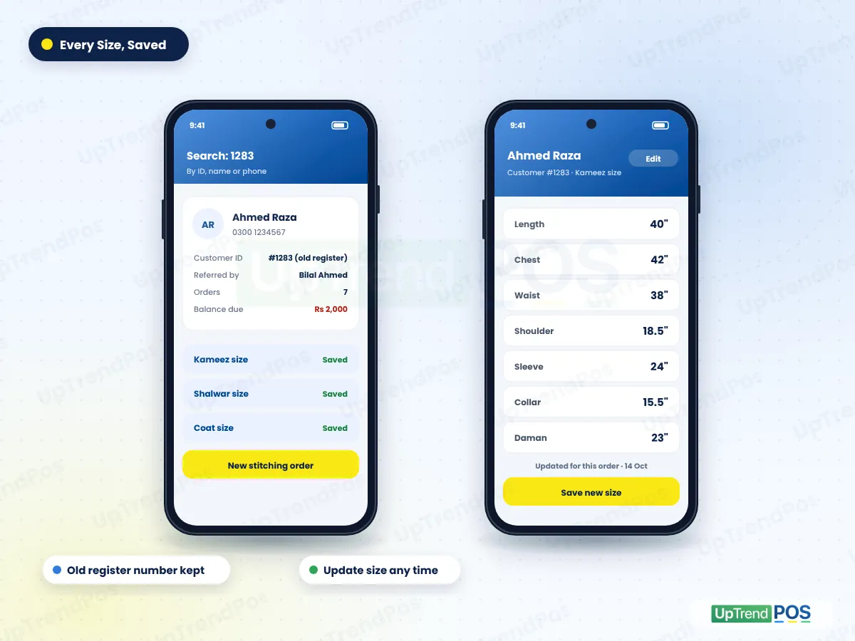 Tailor shop software customer search by ID 1283 with saved kameez, shalwar and coat sizes, and an edit screen to save a new size