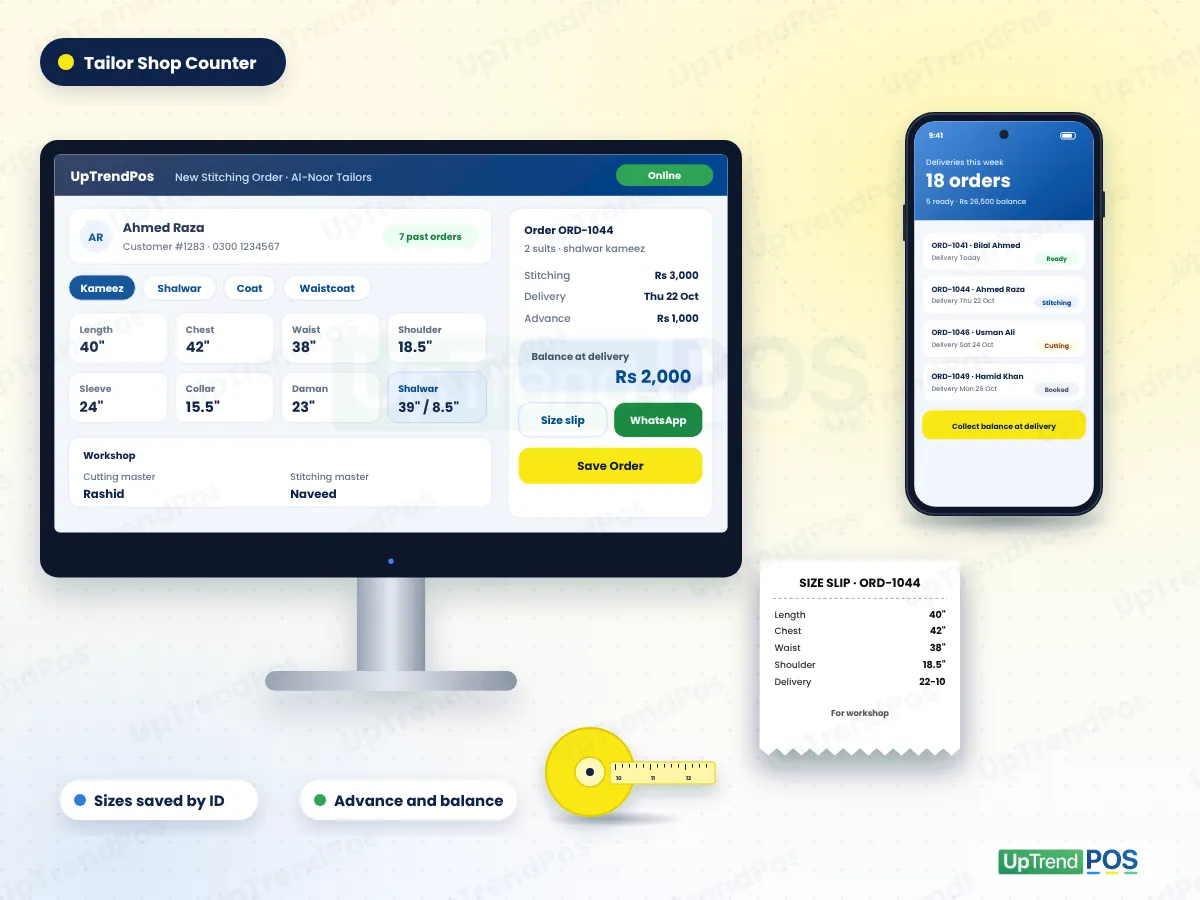 Tailor shop POS software at the counter: stitching order with customer sizes, delivery date, advance and balance, size slip and orders on phone