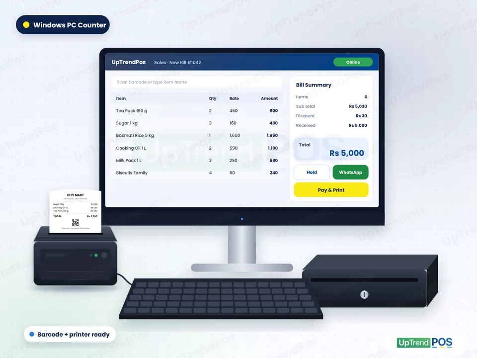 UpTrendPos billing screen on a Windows PC with keyboard, cash drawer and receipt printer